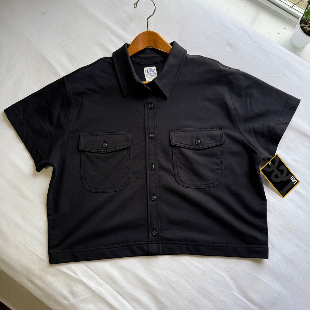 Lee Workwear Union-All Black Cropped Short Sleeve Button Up Shirt Large NWT
